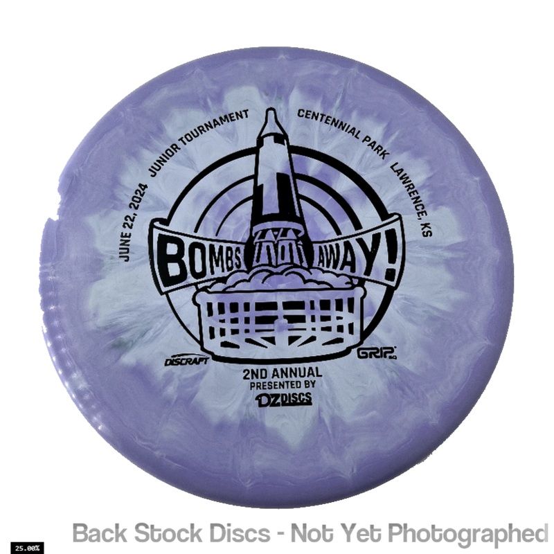 Discraft ESP Swirl Zone Putter with Bombs Away Junior Tournament 2024 | Lawrence, KS | Presented by DZDiscs, Discraft, and GRIPeq w/ 2023 Discraft Tour Series Bottom Stamp [Back Stock Inventory – Disc and Stamp Color WILL VARY]