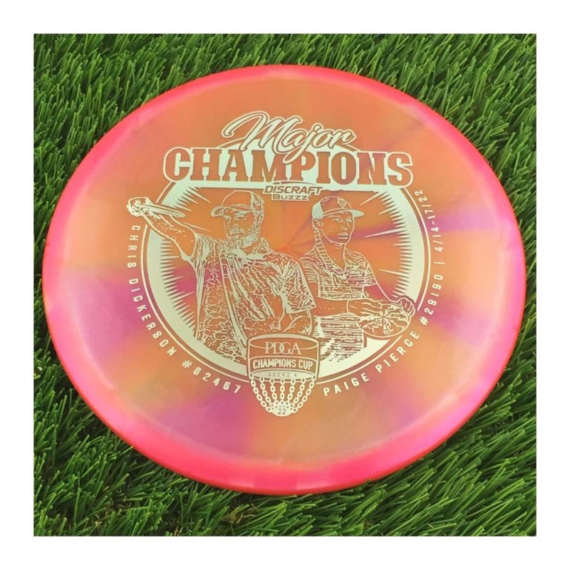 Discraft Elite Z Swirl Buzzz with Major Champions – Chris Dickerson – Paige Pierce – 2022 Stamp – 177g – Translucent Orangish Pink