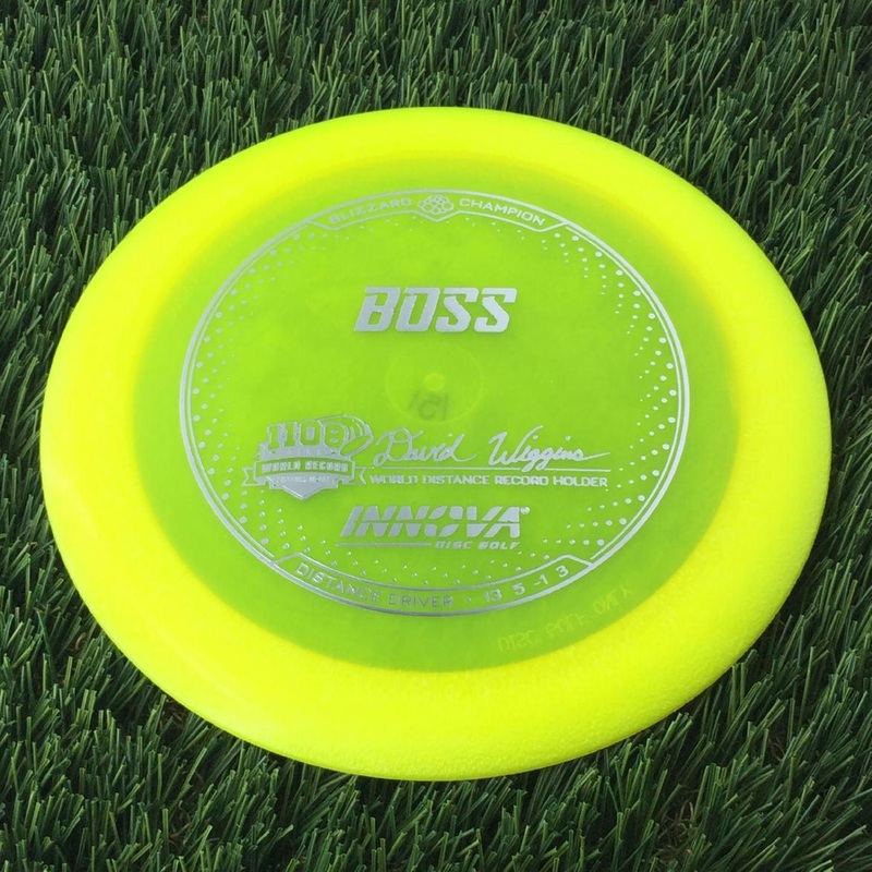 Innova Champion Blizzard Boss with 1108 Feet – David Wiggins – World Distance Record Holder Stamp – 151g – Translucent Yellow