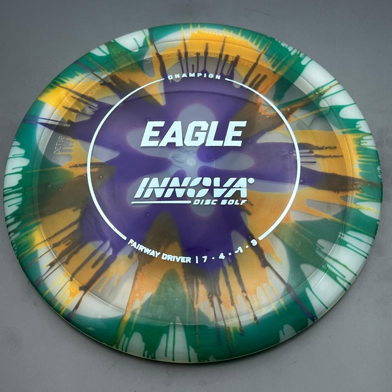 Innova Champion I-Dye Eagle with Circle Stock Stamp – 168.3g – Burst Purple/Yellow/Green Dyed