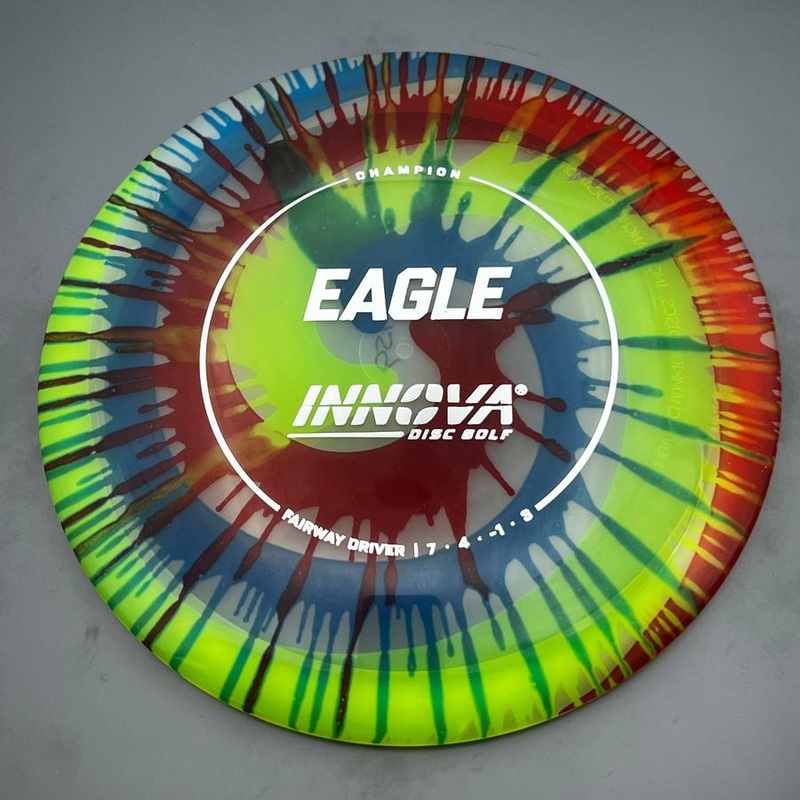 Innova Champion I-Dye Eagle with Circle Stock Stamp – 160.1g – Spiral Burst Red/Yellow/Blue/Green Dyed