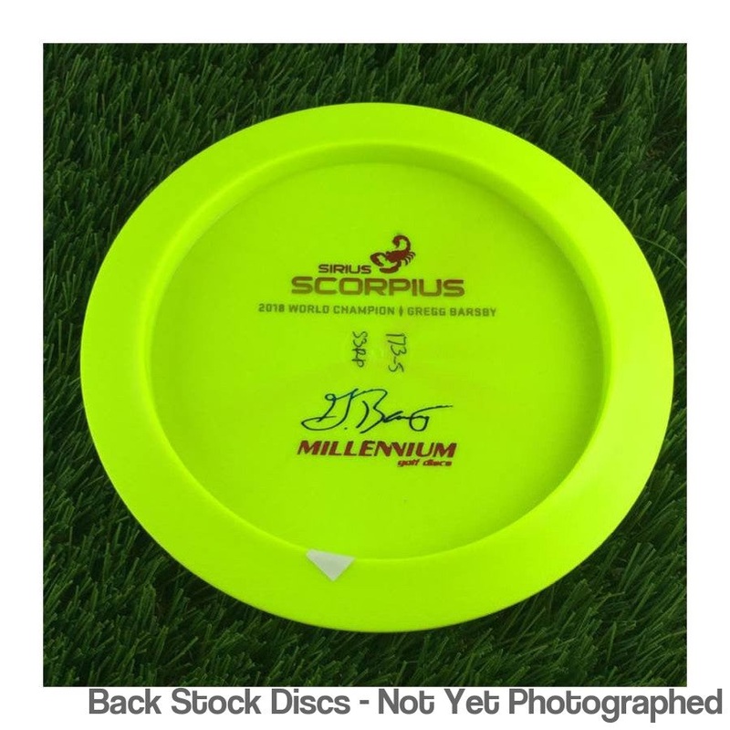 Millennium Sirius Scorpius Distance Driver with 2018 World Champion – Gregg Barsby – Bottom Stamped Run 1.11 Stamp [Back Stock Inventory – Disc and Stamp Color WILL VARY]
