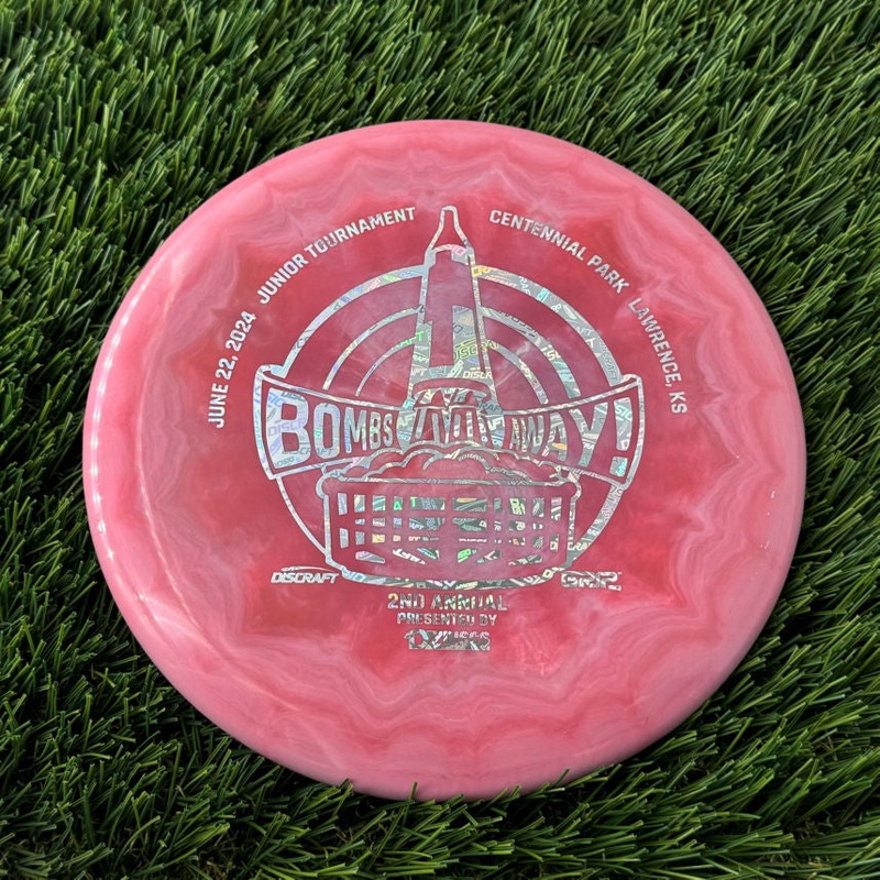 Discraft ESP Swirl Fierce with Bombs Away Junior Tournament 2024 | Lawrence, KS | Presented by DZDiscs, Discraft, and GRIPeq w/ 2023 Discraft Tour Series Bottom Stamp Stamp – 174g Off Pink